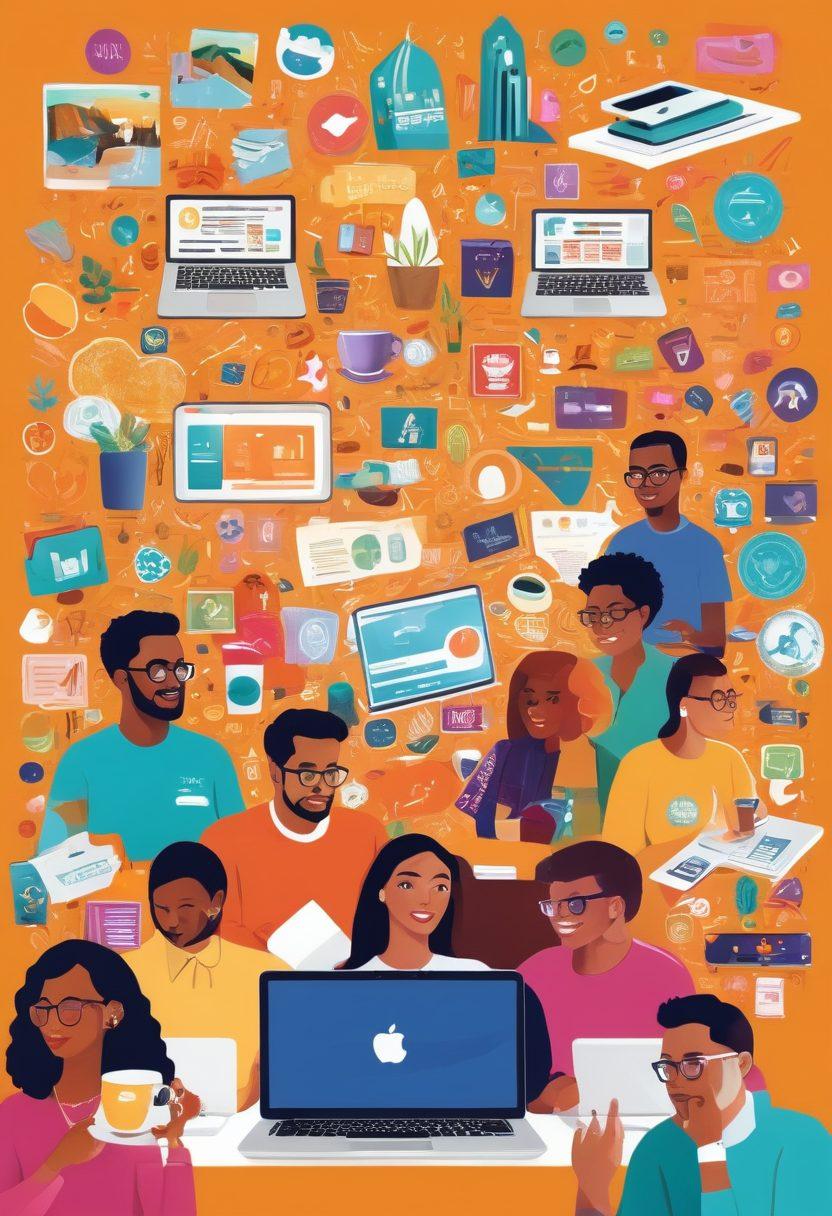 A vibrant collage depicting diverse bloggers engaging in lively discussions, surrounded by colorful icons representing various niches like travel, food, and technology. Include laptops, notebooks, and coffee cups to symbolize collaboration and creativity. Showcase a blend of people from different backgrounds, illustrating an inclusive community spirit. The background should be bursting with bright colors that evoke excitement and inspiration. illustration, vibrant colors, community theme.