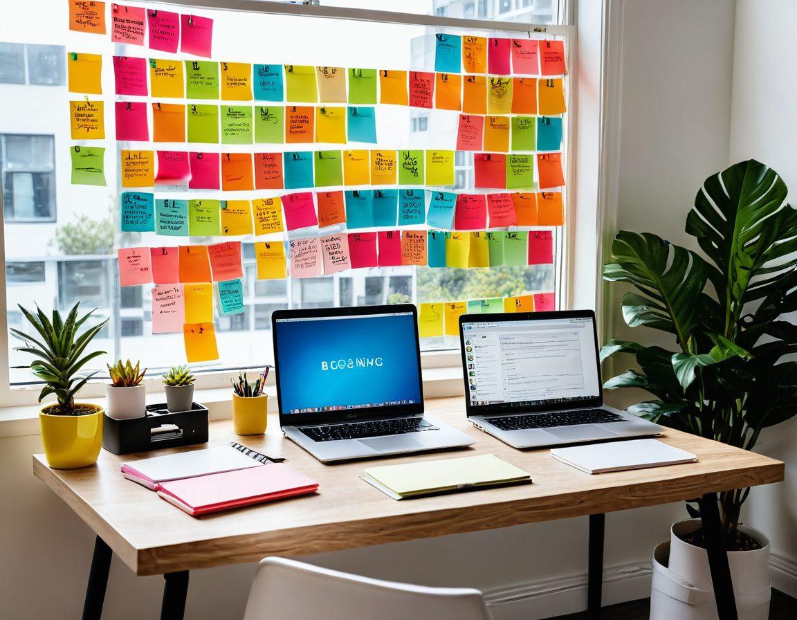 A vibrant and inspiring workspace featuring a desk with a laptop open to a blogging platform, colorful sticky notes scattered around, motivational quotes framed on the wall, and a large window showing a sunny landscape outside. The scene conveys creativity and productivity with a hint of technology, emphasizing the pathway to blogging success. super-realistic. vibrant colors. white background.