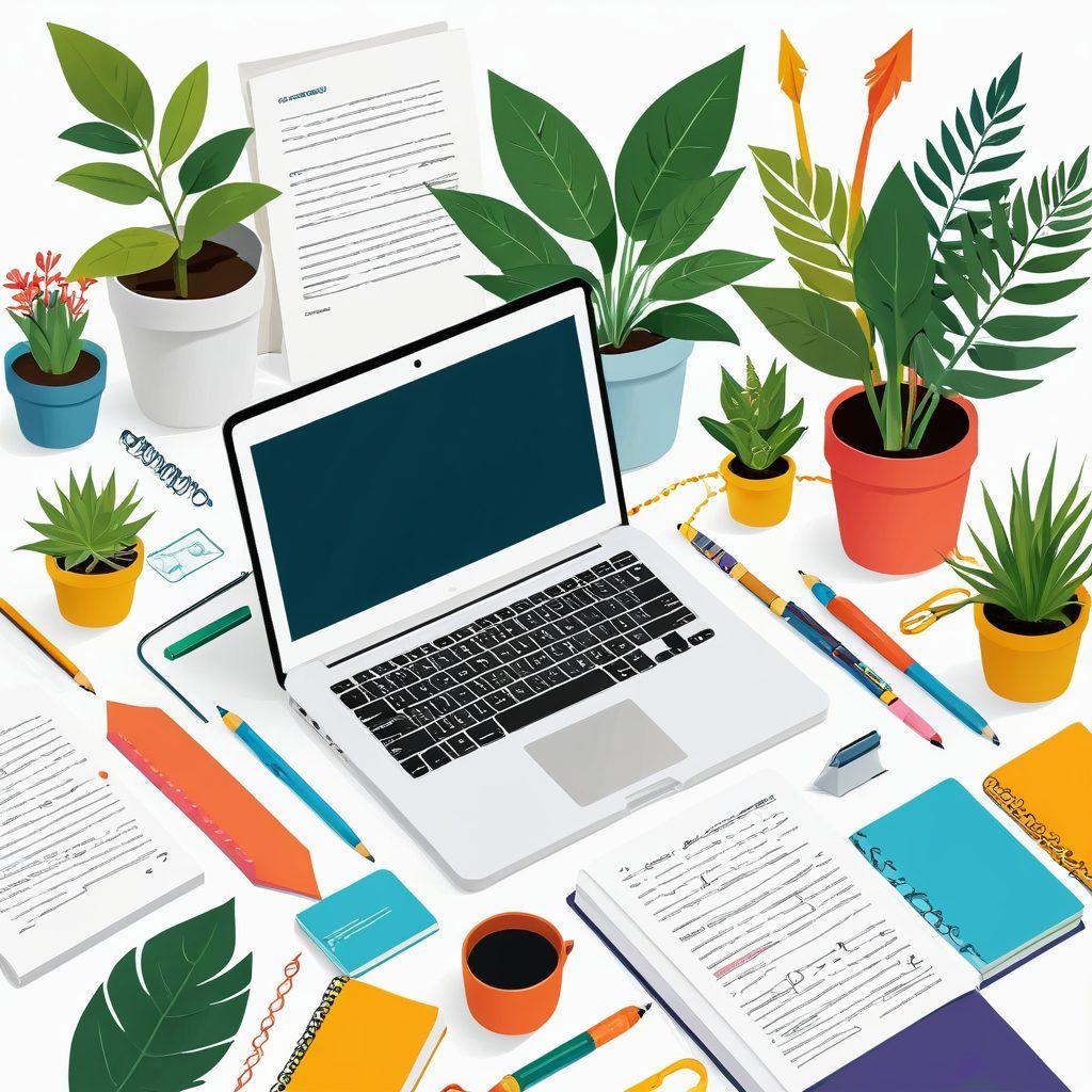 A journey from a novice to a professional depicted through a series of steps, showcasing a vibrant online journal on a laptop, surrounded by notes and creative tools. Illustrate growth with plants or arrows symbolizing progress, and include a diverse group of people collaboratively brainstorming. Bright and inviting colors to inspire creativity. vector art. vibrant colors. white background.